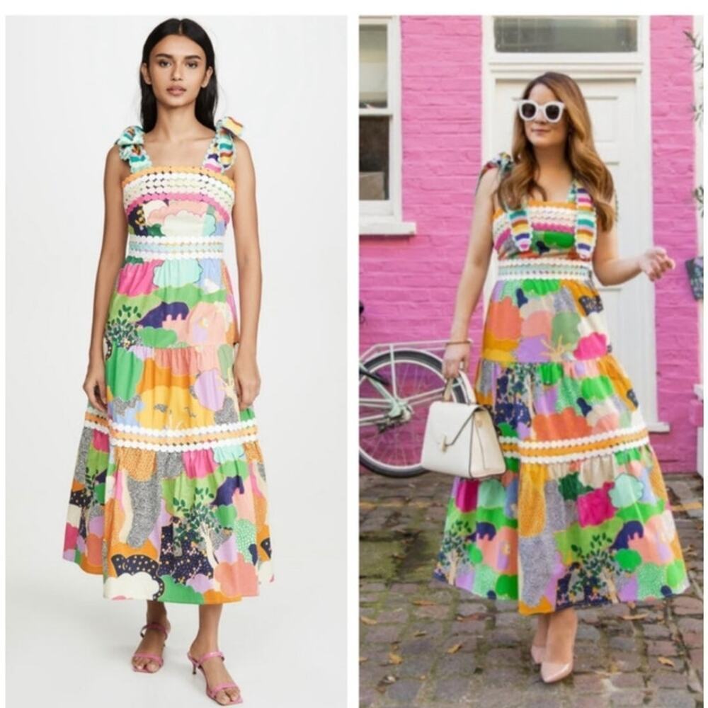 CeliaB Phuket Multicolor Abstract Rainbow Scalloped Midi Dress Artcore Small